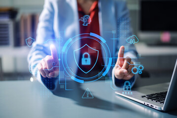 Woman holding smartphone with holographic lock and data network graphics. Concept of cybersecurity, privacy, mobile protection