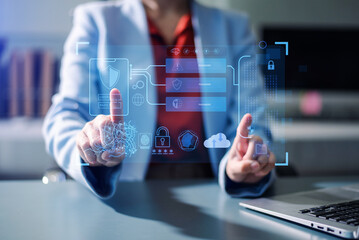 Cybersecurity technology with data protection, encryption, password access, and cloud security. Ideal for digital privacy, online safety, and IT defense visuals.