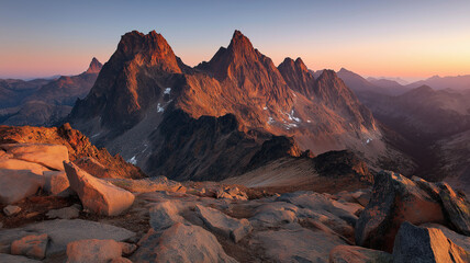 Jagged mountain peaks illuminated by the warm glow of sunrise