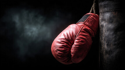 Boxing glove hanging on punch bag representing strength, challenge, and determination