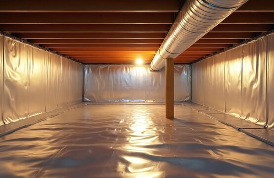 Encapsulated crawl space under house with plastic liner. Home improvement project, moisture control system protects from mold. Waterproofing solution increases home value, energy efficiency saves