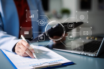 Futuristic business technology with data, cloud, analytics, and innovation. for digital strategy, corporate growth, and transformation visuals.