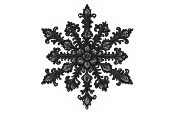 Ornate snowflake decoration with baroque style filigree and intricate scrollwork, symmetrical winter design element on transparent background