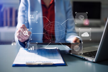 Futuristic business technology with data, cloud, analytics, and innovation. for digital strategy, corporate growth, and transformation visuals.