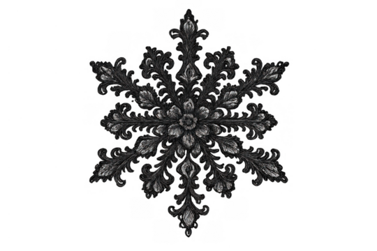Ornate snowflake decoration with baroque style filigree and intricate scrollwork, symmetrical winter design element on transparent background