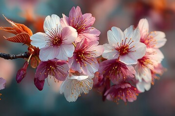 Beautiful pink cherry blossoms blooming on tree branch.