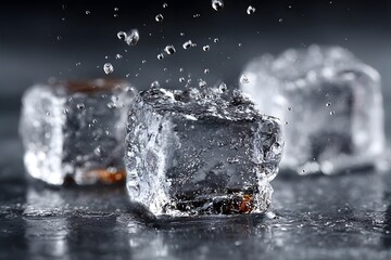 Melting ice cubes with water drops splashing on surface.