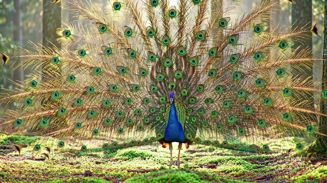 [duration:10s] [camera:static wide shot]  
cinematic wildlife footage of a real peacock walking gracefully into a sunlit forest clearing covered with soft moss and drifting morning mist.  
The peacock