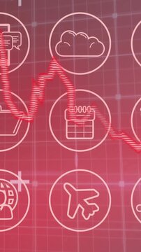 Financial data and icons animation over red fluctuating graph background