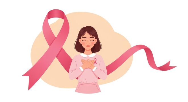 Woman holding pink ribbon symbol representing breast cancer awareness and support for patients