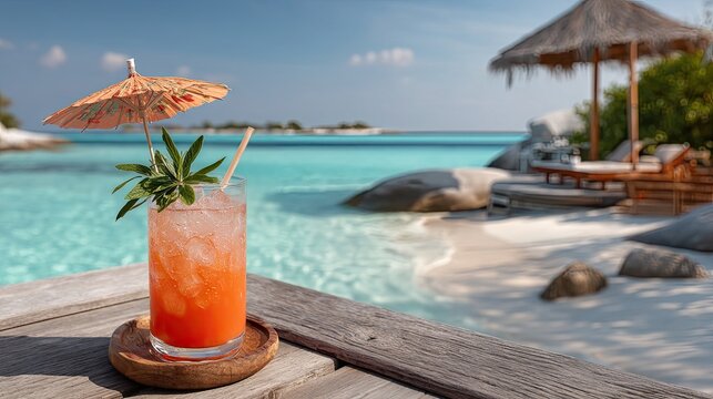 Refreshing Tropical Cocktail With Ice and Garnish Placed on a Stone Surface Overlooking a Serene Beach and Turquoise Ocean Water Under Bright Sunlight