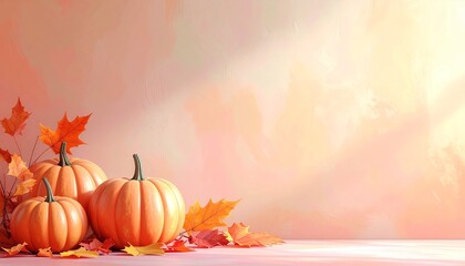 Pastel background with soft light and 3D rendered pumpkins in the corner, ideal for modern Autumn, Thanksgiving, or Halloween digital design.
