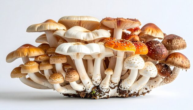 Row of diverse mushrooms on white background, varying in color, shape, size, and texture, including spotted red caps and smooth beige stems, natural variety and identification focus.