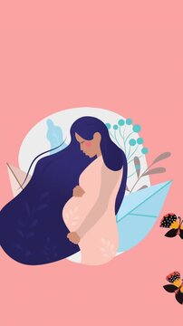 Animation of figure of pregnant woman and floating yellow and black butterflies on pink background