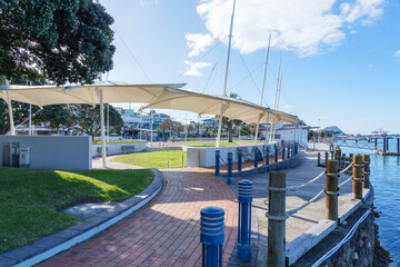 Downtown path and features along coastal harbour edge