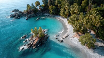 Serene Tropical Island Paradise With Crystal Clear Turquoise Water Lush Green Palm Trees And Rocky Shoreline Under Bright Sunlight