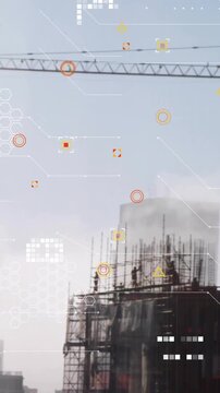Construction site with crane and scaffolding over data processing animation