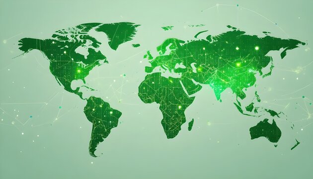 Green Global Communications Background with Abstract Network Connections for Technology, Digital, and Business Design Concepts