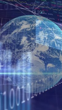 Globe and financial data processing animation over digital graphs and charts