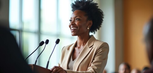 Smiling Black woman delivers speech at podium during business conference. Stands confidently with microphones. Female speaker engages large audience, shares pro insights at event. Leader presents