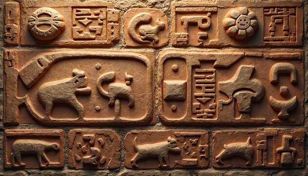 Close up photo of ancient Mayan glyphs carved in stone. Details of old carving art. Ancient wall ornament with historical symbols for history or archeology projects.