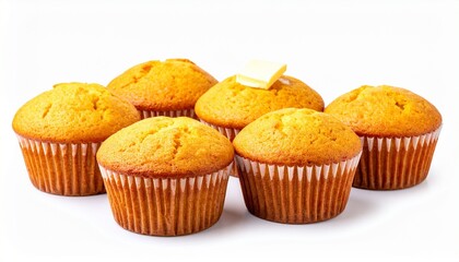 Golden muffins in brown paper liners with butter pat on top for editorial bakery photography comfort food design and poetic indulgence-themed visuals