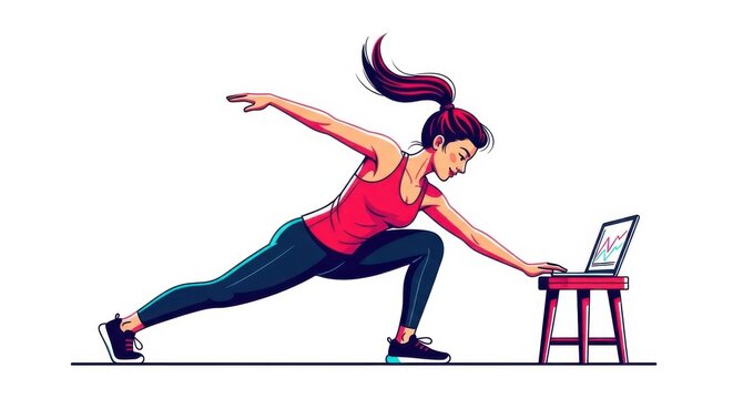 Woman exercising with laptop on stool dynamic pose for online fitness training workout