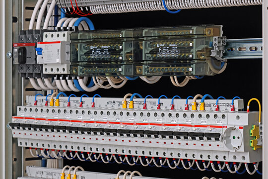 Circuit breakers from ABB to protect electrical loads from short-circuiting. Installed in the electrical control panel. 