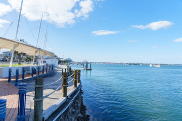 Downtown path and features along coastal harbour edge