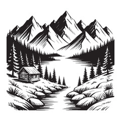 Fototapeta premium Black and white illustration of a log cabin by a lake with mountains and pine trees forest