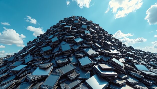 Huge pile of old laptops under bright blue sky. Electronic waste forms large mound. Tech junk heap grows, signifying obsolescence and disposal challenges.