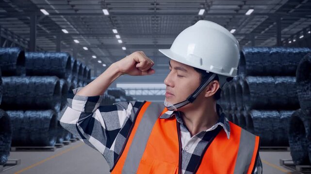 Close Up Of Asian Male Engineer With Safety Helmet Flexing His Bicep And Smiling To Camera While Standing with Stacks of Huge Metal Wire Coils