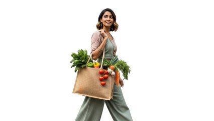 Woman carrying reusable shopping bag filled with fresh vegetables
