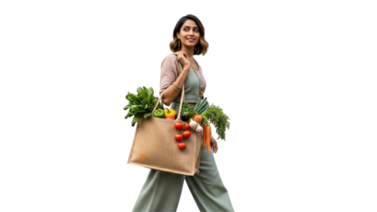 Woman carrying reusable shopping bag filled with fresh vegetables