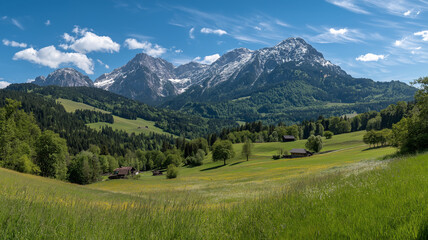 Lush green meadow with wildflowers and distant snowcapped mountains under blue sky