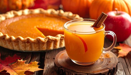 Autumn-themed setting with glass cup of cider or pumpkin tea, cinnamon sticks, pumpkin pies, and seasonal decor for editorial festive photography Thanksgiving beverage and dessert design and poetic wa