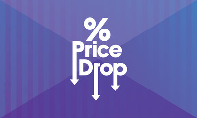 Stylised vector illustration featuring the words "Price Drop" with a downward-pointing arrow. Modern, flat style with a vibrant green background, suitable for promotions