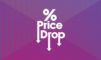 Stylised vector illustration featuring the words "Price Drop" with a downward-pointing arrow. Modern, flat style with a vibrant green background, suitable for promotions
