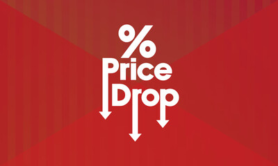 Stylised vector illustration featuring the words "Price Drop" with a downward-pointing arrow. Modern, flat style with a vibrant green background, suitable for promotions