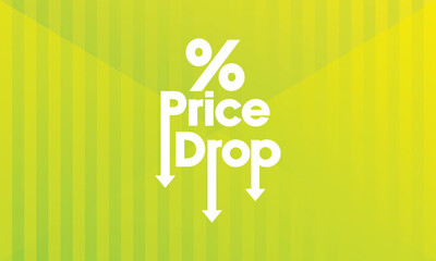 Stylised vector illustration featuring the words "Price Drop" with a downward-pointing arrow. Modern, flat style with a vibrant green background, suitable for promotions