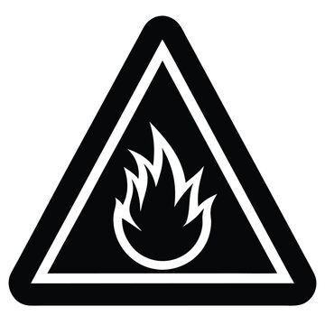 Flammable substance hazard warning symbol in black and white design