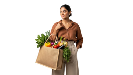 Woman holding reusable grocery bag filled with fresh vegetables