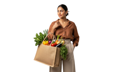Woman holding reusable grocery bag filled with fresh vegetables