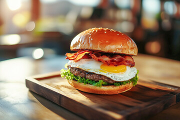 Close-up of a burger with bacon and egg on wooden tray against a blurred cafe background.
