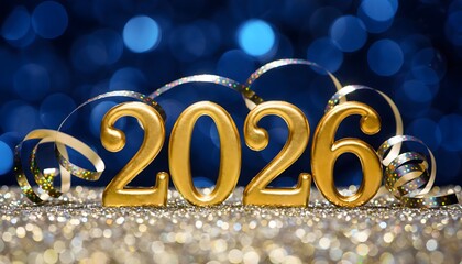 Golden 2026 numbers with festive ribbons and bokeh lights, celebrating the upcoming new year