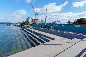 Downtown path and features along coastal harbour edge