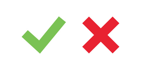 Check mark icons. green check mark and red cross mark icon set. green tick and red x. Symbols of approval and Decline, vector illustration
