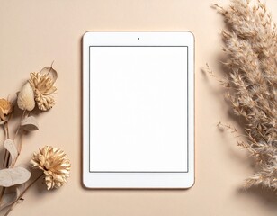 minimal flat lay with tablet, dried floral accents, beige tones, soft focus