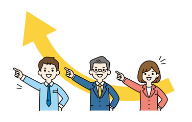 業績アップを目指す、社長と男性と女性の若手社員の上半身ベクターイラスト素材セット＿カラー