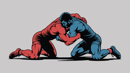 Two wrestlers grappling on their knees in red and blue uniforms on a light gray background